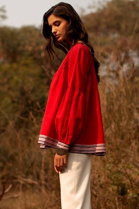 Payal Pratap_Red Cotton Round Handloom Smocked Top_Online_at_Aza_Fashions