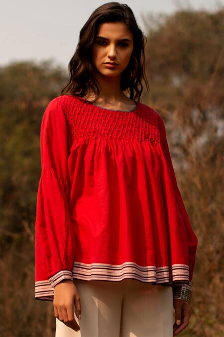 Buy_Payal Pratap_Red Cotton Round Handloom Smocked Top_Online_at_Aza_Fashions