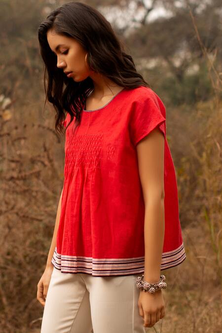 Payal Pratap_Red Cotton Round Top _Online_at_Aza_Fashions