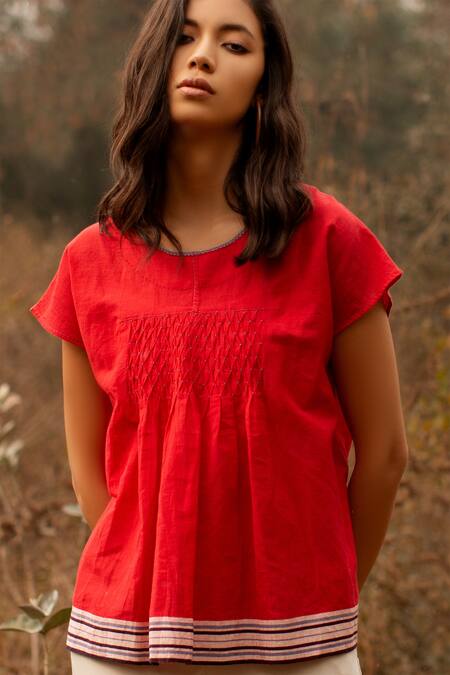 Buy_Payal Pratap_Red Cotton Round Top _Online_at_Aza_Fashions