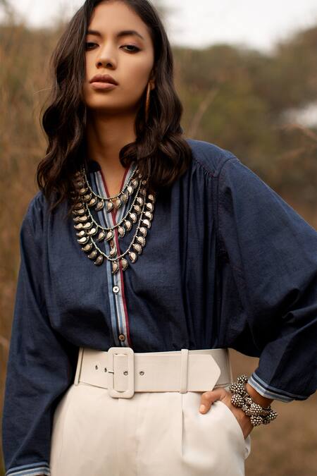 Buy_Payal Pratap_Blue Cotton V Neck Shirt_Online_at_Aza_Fashions