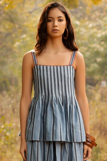 Buy_Payal Pratap_Blue Cotton Square Neck Embellished Top _Online_at_Aza_Fashions