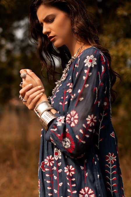Buy_Payal Pratap_Blue Cotton Silk Round Embroidered Dress  _Online_at_Aza_Fashions