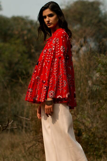 Payal Pratap_Red Cotton Silk Mandarin Collar Printed Top _Online_at_Aza_Fashions
