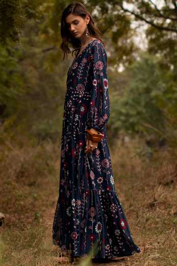 Payal Pratap_Red Cotton Silk V Neck Embroidered Maxi Dress _Online_at_Aza_Fashions