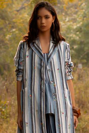 Buy_Payal Pratap_White Cotton Linen Handloom Lapel Collar Striped Jacket _Online_at_Aza_Fashions