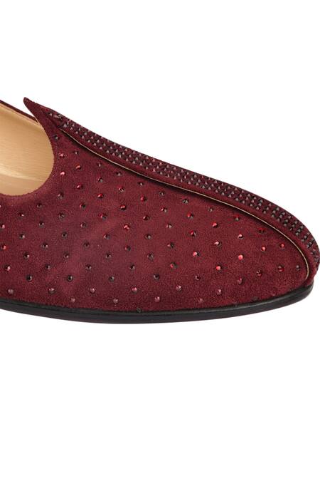 Sko_Maroon Embellished Velvet Mojris _at_Aza_Fashions