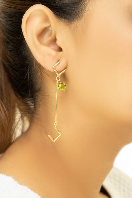 Varnika Arora_Gold Plated Stones Long Geometric Earrings _Online_at_Aza_Fashions