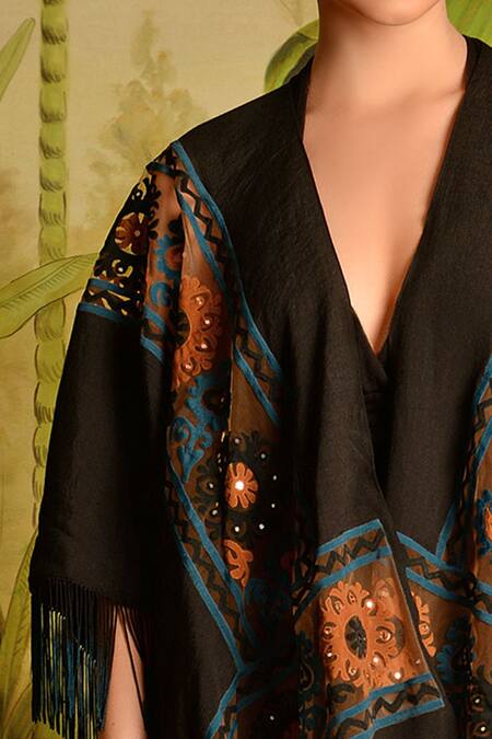 Buy_Malini Ramani_Black Cotton Linen Embellished Cape_Online_at_Aza_Fashions