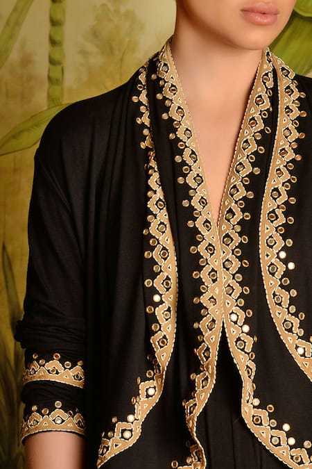 Malini Ramani_Black Knit Embroidered Asymmetric Jacket_Online_at_Aza_Fashions