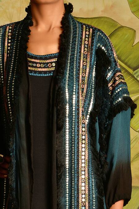 Malini Ramani_Black Cheese Cloth Embellished Dress With Jacket_Online_at_Aza_Fashions