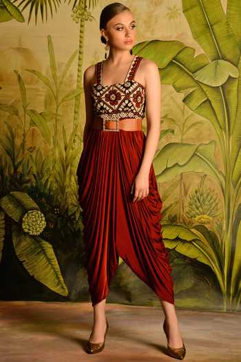 Buy Malini Ramani Red Embroidererd Draped Jumpsuit at Aza Fashions Buy_Malini Ramani_Red Embroidererd Draped Jumpsuit_at_Aza_Fashions