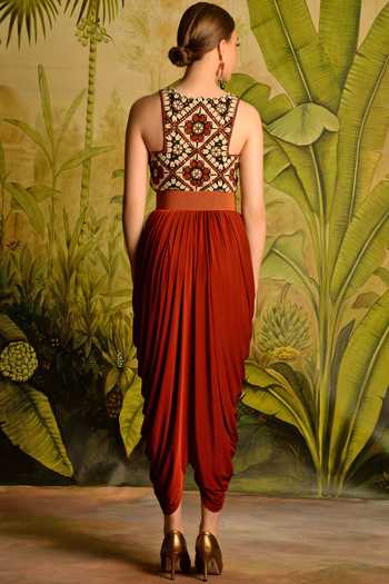 Shop Malini Ramani Red Embroidererd Draped Jumpsuit at Aza Fashions Shop_Malini Ramani_Red Embroidererd Draped Jumpsuit_at_Aza_Fashions
