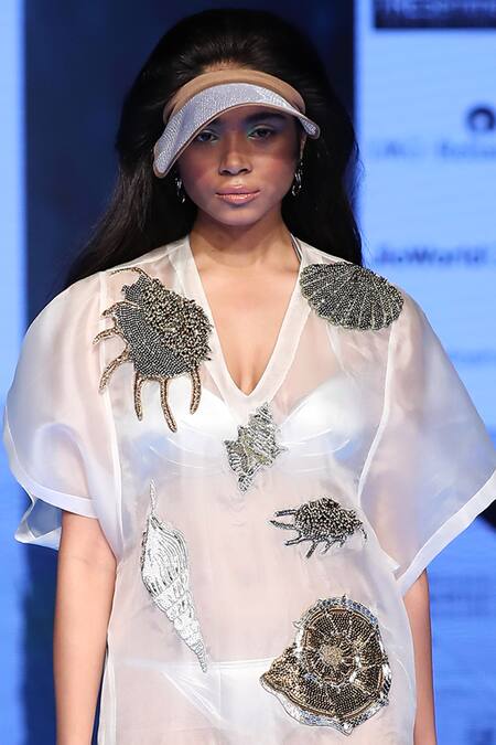 Rara Avis_White Silk Organza Sheer Embellished Dress_Online_at_Aza_Fashions