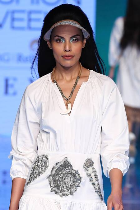 Rara Avis_White Satin Cotton Embellished Midi Dress_Online_at_Aza_Fashions