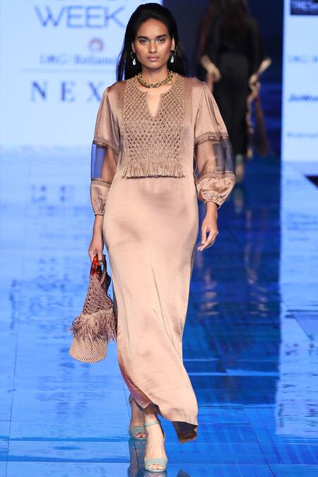 Rara Avis Beige Silk Linen Woven Maxi Dress