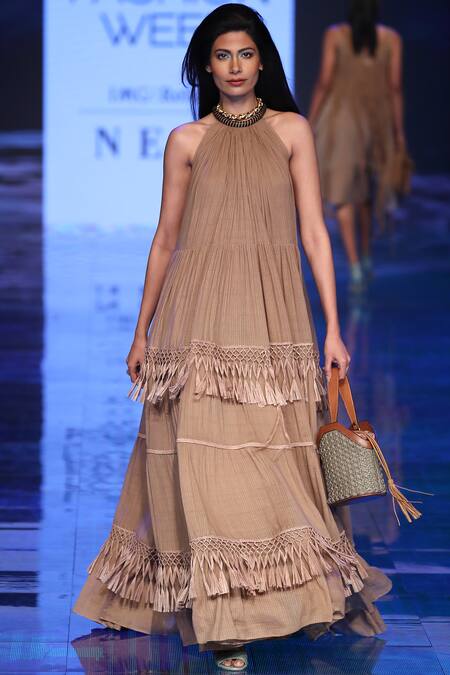 Rara Avis Beige Cotton Tiered Maxi Dress