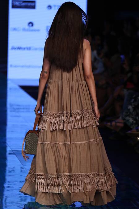 Shop_Rara Avis_Beige Cotton Tiered Maxi Dress_at_Aza_Fashions