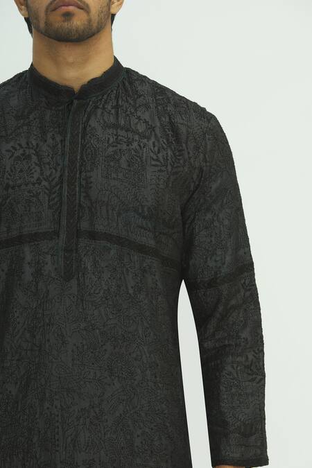 Sharbari Studio_Black Tussar Silk Kurta Set _at_Aza_Fashions
