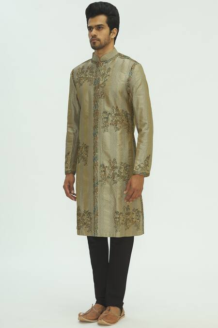 Sharbari Studio_Grey Silk Hand Painted Sherwani Set _Online_at_Aza_Fashions