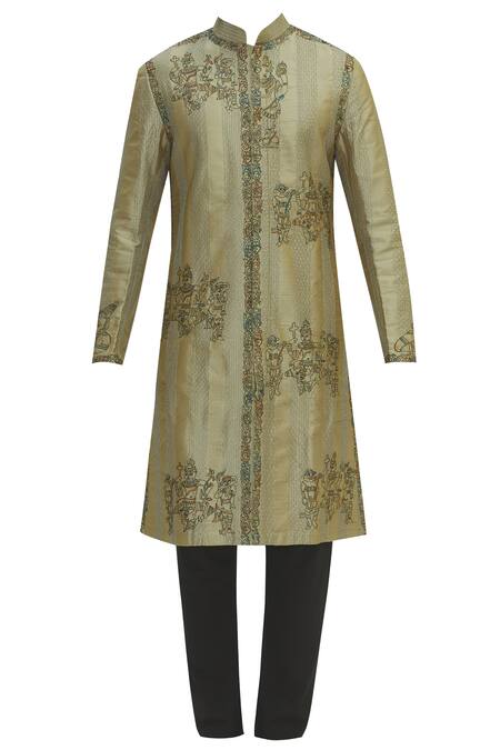 Buy_Sharbari Studio_Grey Silk Hand Painted Sherwani Set _Online_at_Aza_Fashions