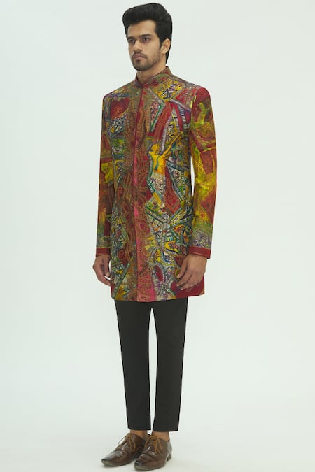 Sharbari Studio_Maroon Silk Hand Painted Sherwani Set _Online_at_Aza_Fashions