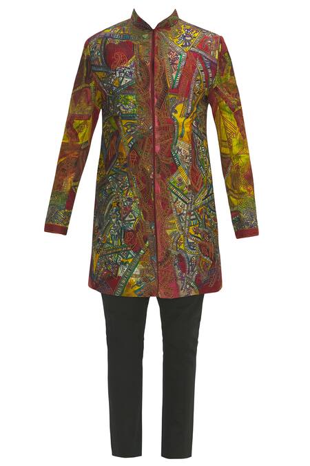 Buy_Sharbari Studio_Maroon Silk Hand Painted Sherwani Set _Online_at_Aza_Fashions