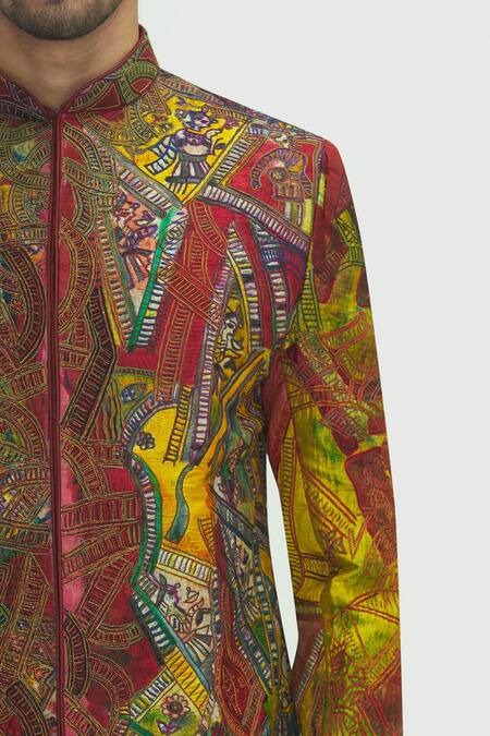 Sharbari Studio_Maroon Silk Hand Painted Sherwani Set _at_Aza_Fashions