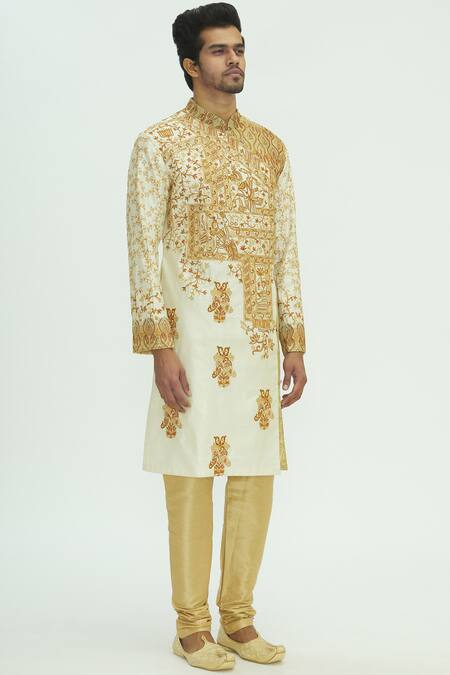Sharbari Studio_White Silk Embroidered Kurta Set _Online_at_Aza_Fashions