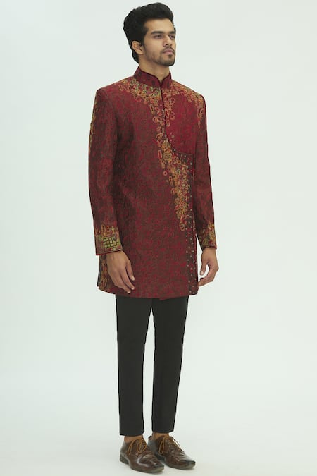 Sharbari Studio_Maroon Silk Hand Painted Sherwani Set _Online_at_Aza_Fashions