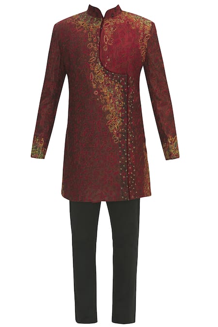 Buy_Sharbari Studio_Maroon Silk Hand Painted Sherwani Set _Online_at_Aza_Fashions