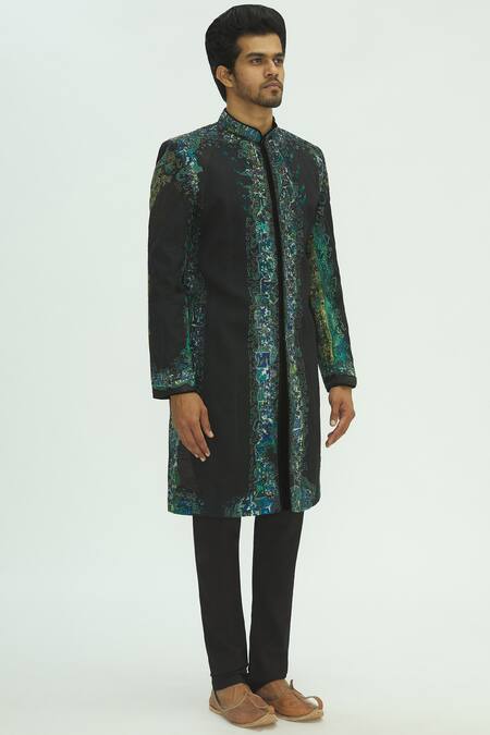 Sharbari Studio_Black Silk Hand Painted Sherwani Set _Online_at_Aza_Fashions