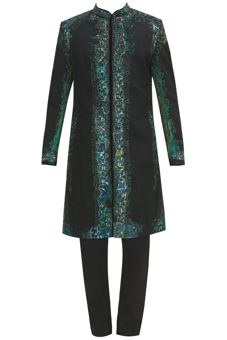 Buy_Sharbari Studio_Black Silk Hand Painted Sherwani Set _Online_at_Aza_Fashions
