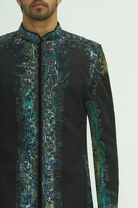 Sharbari Studio_Black Silk Hand Painted Sherwani Set _at_Aza_Fashions