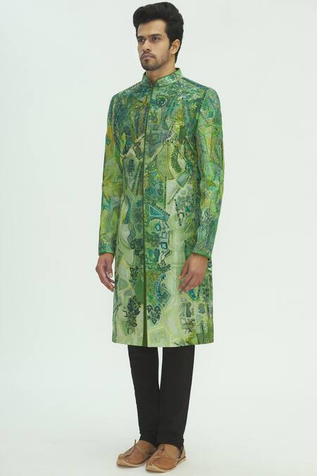 Sharbari Studio_Green Silk Hand Painted Sherwani Set _Online_at_Aza_Fashions