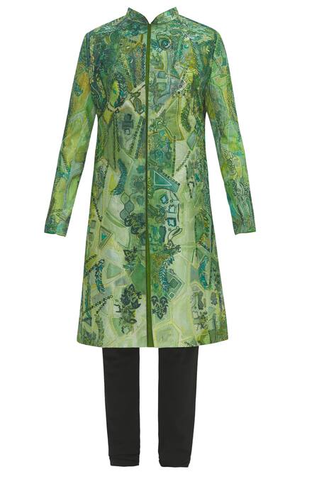 Buy_Sharbari Studio_Green Silk Hand Painted Sherwani Set _Online_at_Aza_Fashions