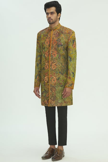 Sharbari Studio_Green Silk Hand Painted Sherwani Set _Online_at_Aza_Fashions