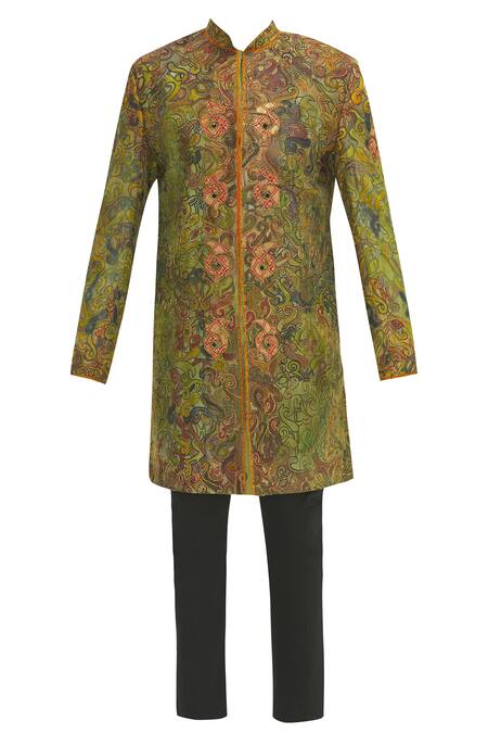 Buy_Sharbari Studio_Green Silk Hand Painted Sherwani Set _Online_at_Aza_Fashions