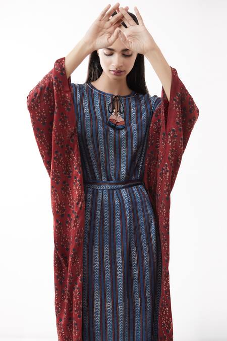 Shop_Grassroot By Anita Dongre_Indigo Tie-up Kaftan_at_Aza_Fashions