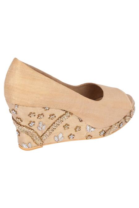 Shop Veruschka By Payal Kothari Beige Embroidered Wedges at Aza Fashions Shop_Veruschka By Payal Kothari_Beige Embroidered Wedges_at_Aza_Fashions