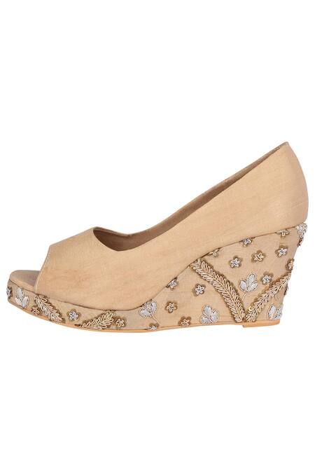 Shop Veruschka By Payal Kothari Beige Embroidered Wedges Online at Aza Fashions Shop_Veruschka By Payal Kothari_Beige Embroidered Wedges_Online_at_Aza_Fashions