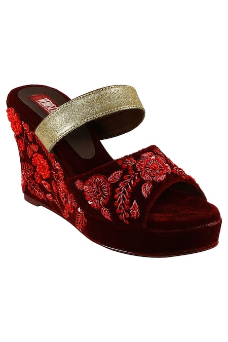 Veruschka By Payal Kothari_Maroon Embroidery Velvet Wedges_Online_at_Aza_Fashions