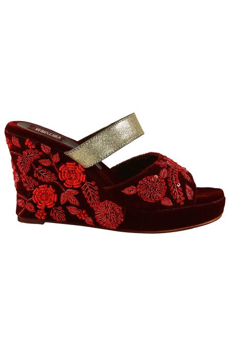 Buy_Veruschka By Payal Kothari_Maroon Embroidery Velvet Wedges_Online_at_Aza_Fashions
