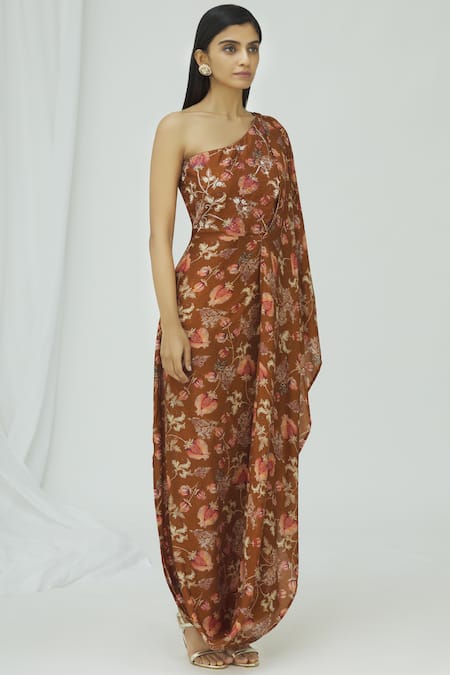 17:17 By Simmi Saboo_Brown Cotton Silk Asymmetric Printed One Shoulder Cowl Dress_Online_at_Aza_Fashions