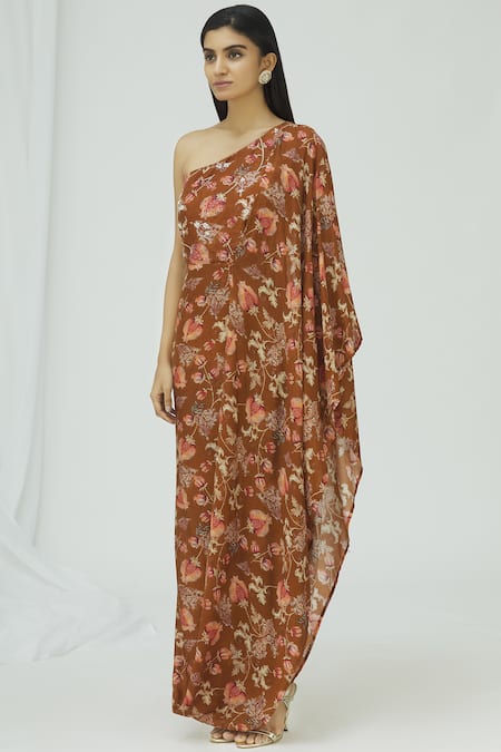 Shop_17:17 By Simmi Saboo_Brown Cotton Silk Asymmetric Printed One Shoulder Cowl Dress_Online_at_Aza_Fashions