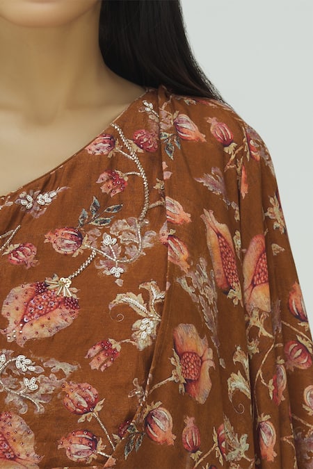 17:17 By Simmi Saboo_Brown Cotton Silk Asymmetric Printed One Shoulder Cowl Dress_at_Aza_Fashions