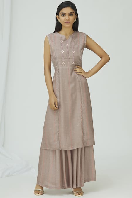 17:17 By Simmi Saboo Purple Cotton Silk Notched Embellished Kurta Palazzo Set