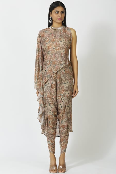 17:17 By Simmi Saboo_Beige Cotton Silk Round Printed Tunic Dhoti Pant Set_Online_at_Aza_Fashions