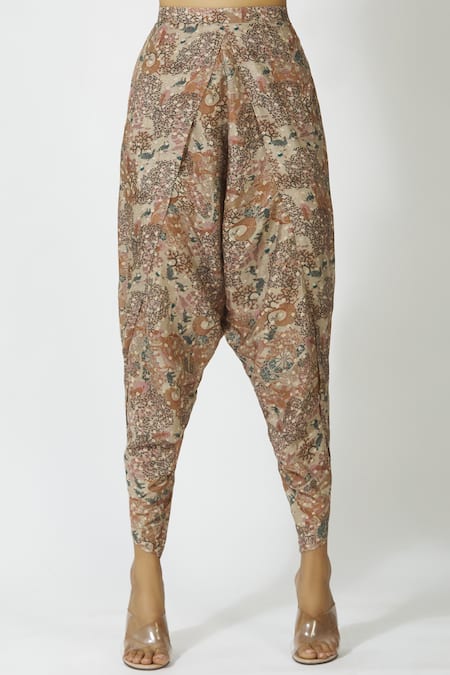 Shop_17:17 By Simmi Saboo_Beige Cotton Silk Round Printed Tunic Dhoti Pant Set_Online_at_Aza_Fashions