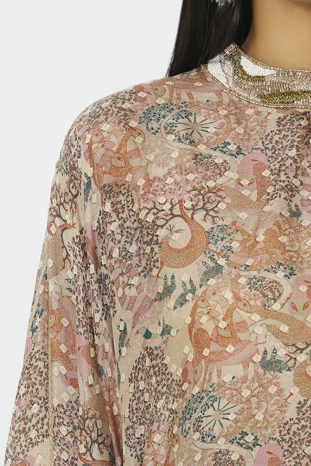 17:17 By Simmi Saboo_Beige Cotton Silk Round Printed Tunic Dhoti Pant Set_at_Aza_Fashions